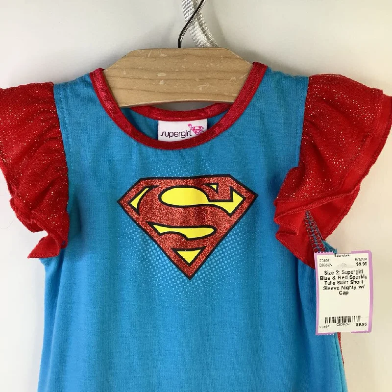 Size 2: Supergirl Blue & Red Sparkly Tulle Skirt Short Sleeve Nighty w/ Cap Unique Men's Upcycled