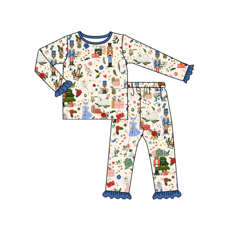 Preorder GLP1475 NO MOQ Christmas Tree Nutcracker Beige long sleeve pants pajamas set with blue lace Artistic Men's Hand