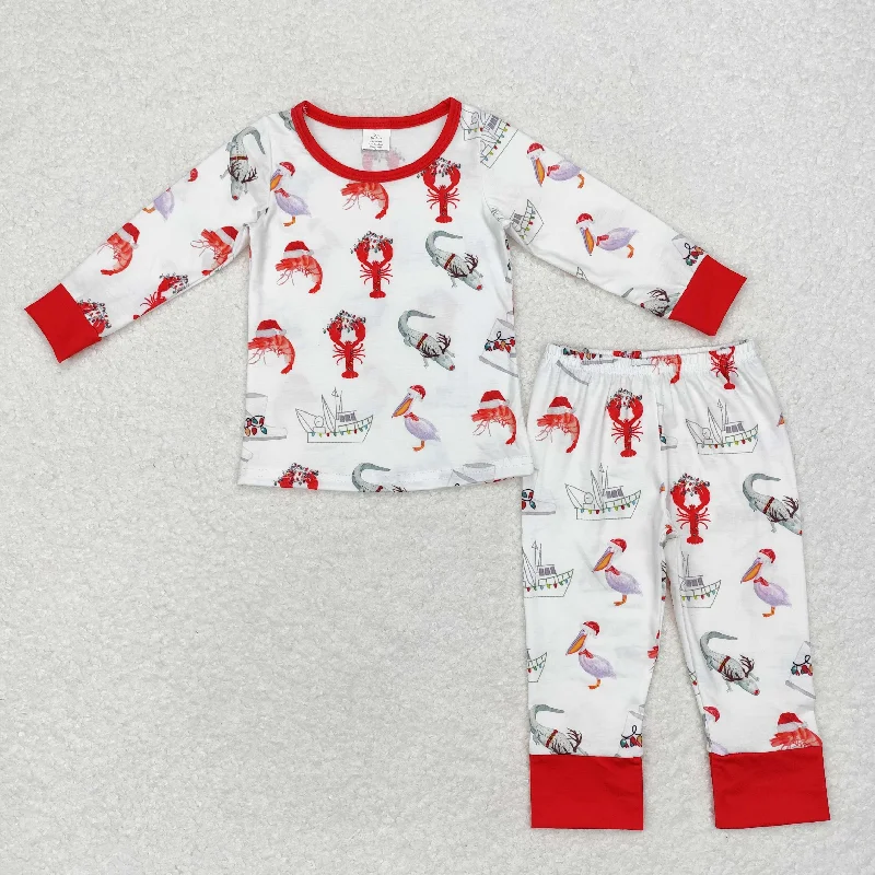 BLP0674 Modal Steamer Crawfish Crocodile red and white long sleeve pants pajamas set Sporty Men's Athleisure 