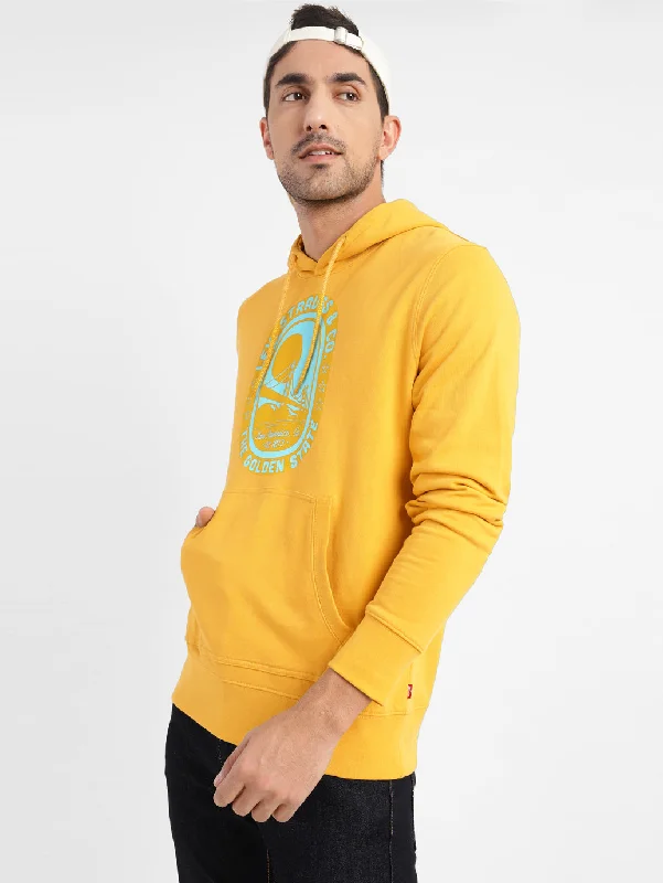Men's Graphic Print Hooded Sweatshirt Yellow Polished Men's Silk