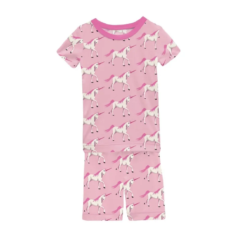 Girl's Short Sleeve Pajama Set In Cake Pop Prancing Unicorn Dapper Men's Bow