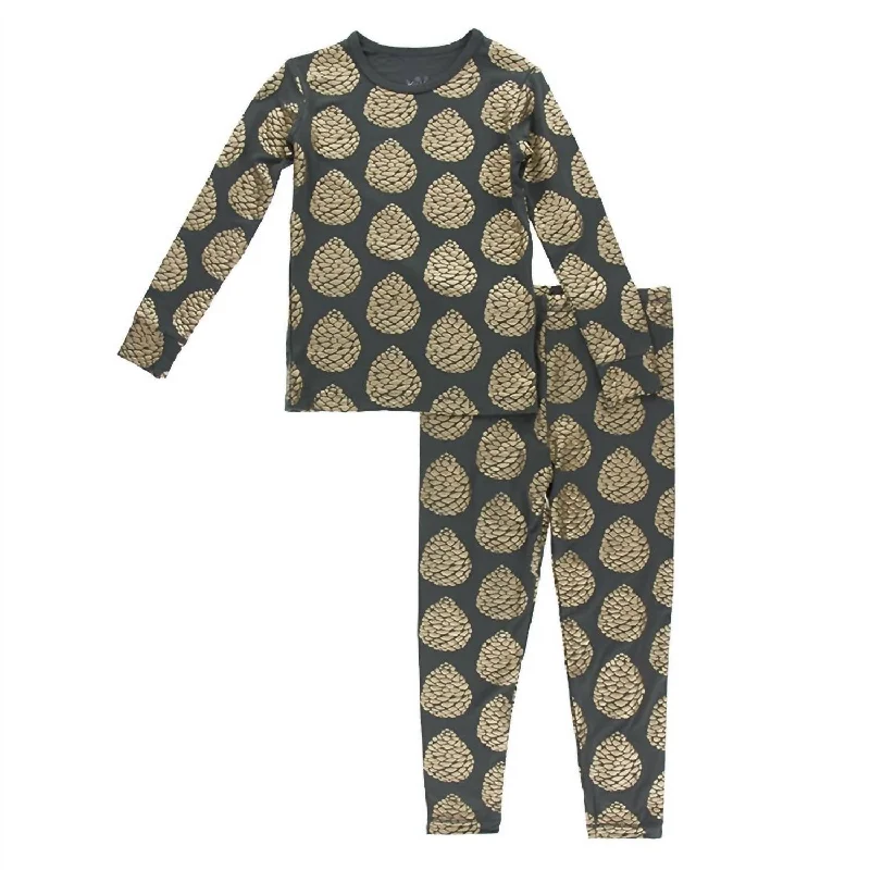 Kids Pants Long Sleeve Pajama Set In Pewter Pinecones Stylish Men's Neon