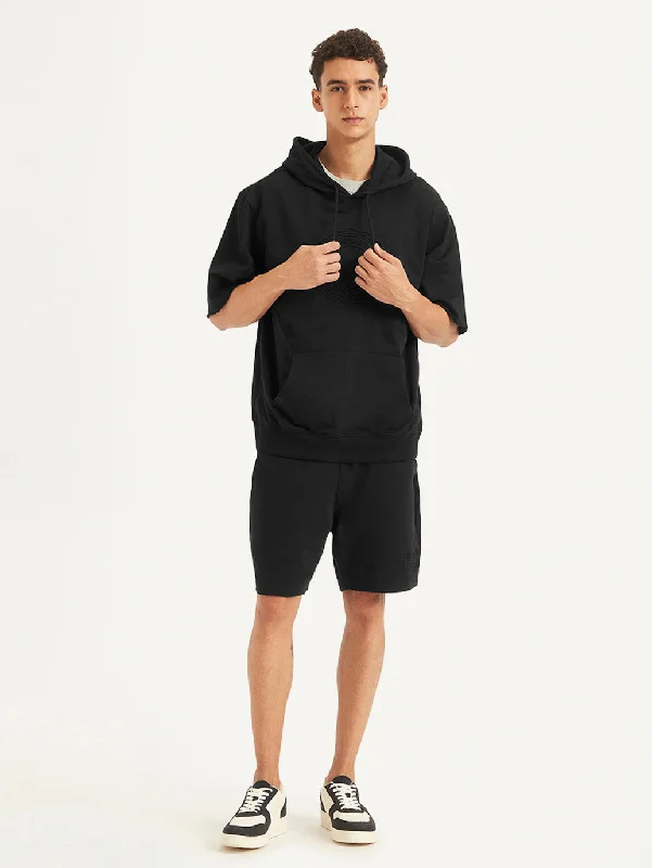 Men's Brand Logo Black Hooded Sweatshirt Practical Men's Quick