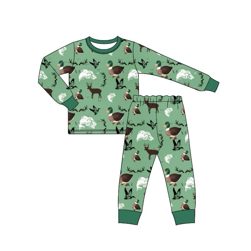 Preorder BLP0668 NO MOQ Duck Fish Elk green long sleeve pants pajamas set Casual Men's Short