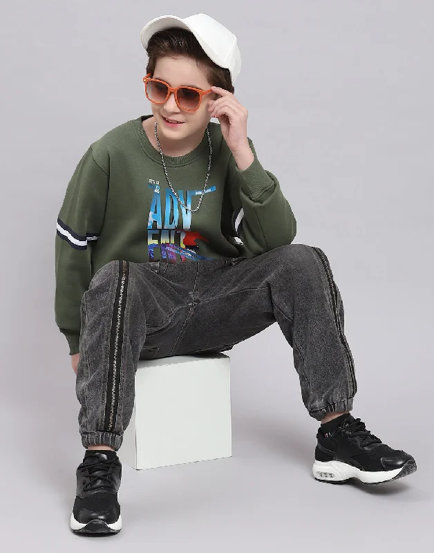 Boys Olive Printed Round Neck Full Sleeve Sweatshirt Casual Men's Short