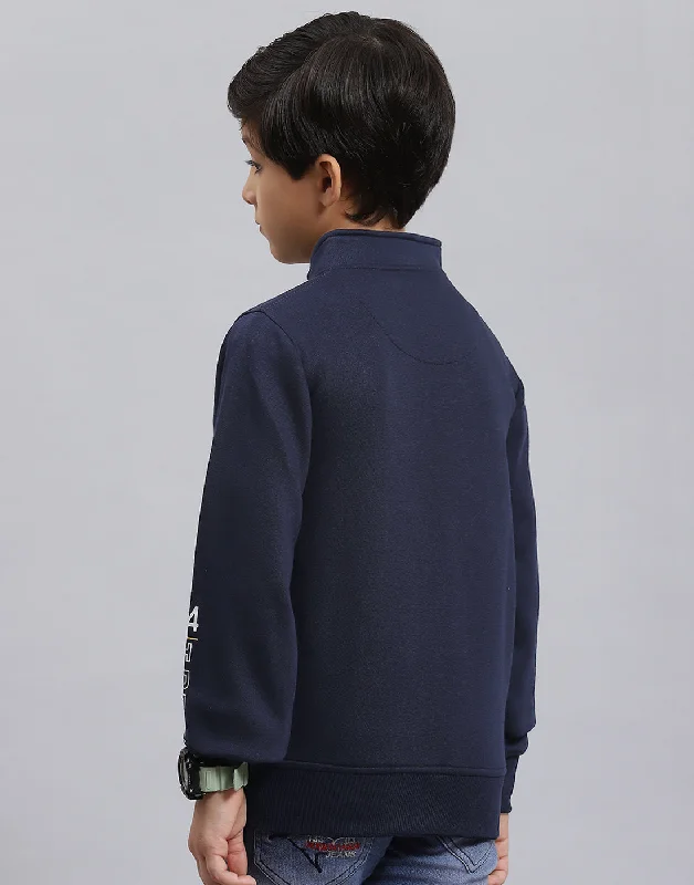 Boys Navy Blue Solid Stand Collar Full Sleeve Sweatshirt Trendy Men's Bucket