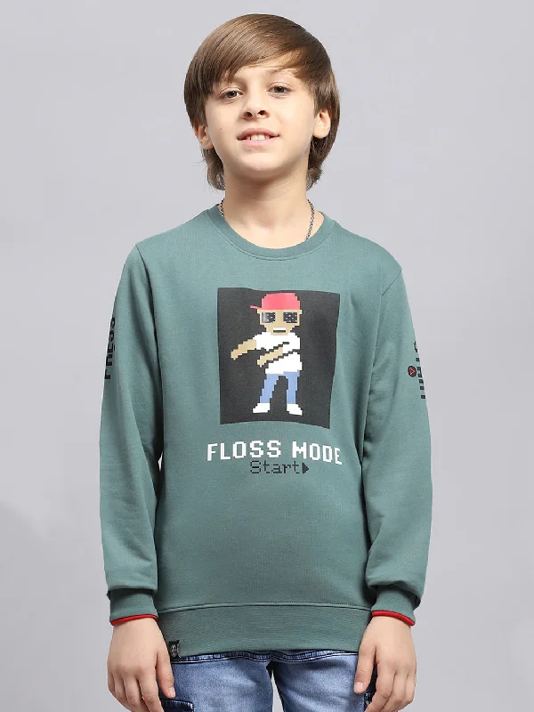 Boys Green Printed Round Neck Full Sleeve Sweatshirt Hip Men's Retro