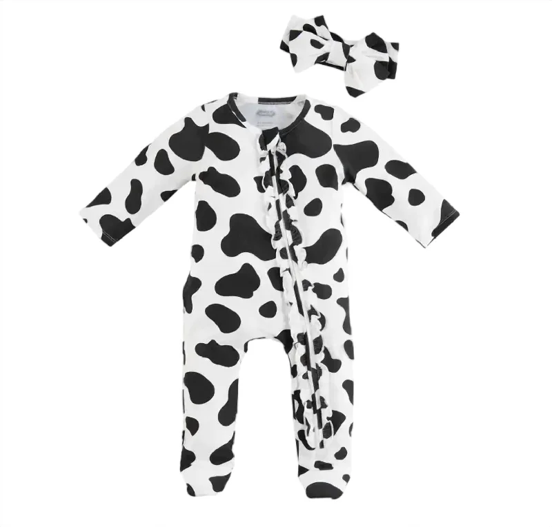 Kid's Cow Print Sleeper And Headband In White/black Bold Men's Statement