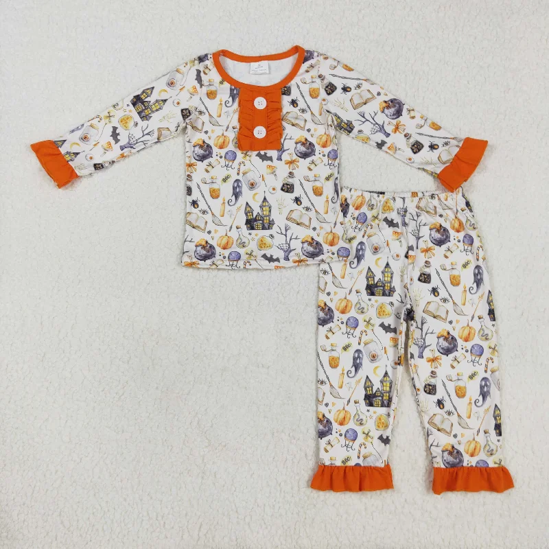 GLP1172 western clothes NO MOQ Long Sleeve Pants Pajamas Set Orange Lace with Ghost Magic Broom Pumpkin Castle Pattern Casual Unique Men's Patch