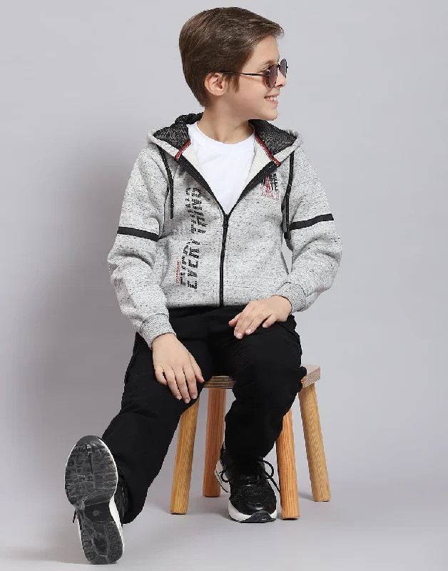 Boys Grey Melange Printed Hooded Full Sleeve Sweatshirt Gym