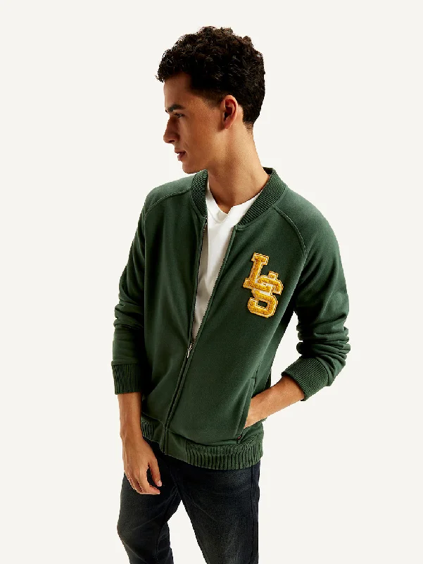 Men's Brand Logo Green Band Neck Zip-Front Sweatshirt Athletic Men's Compression