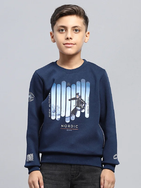 Boys Blue Printed Round Neck Full Sleeve Sweatshirt Preppy Men's College