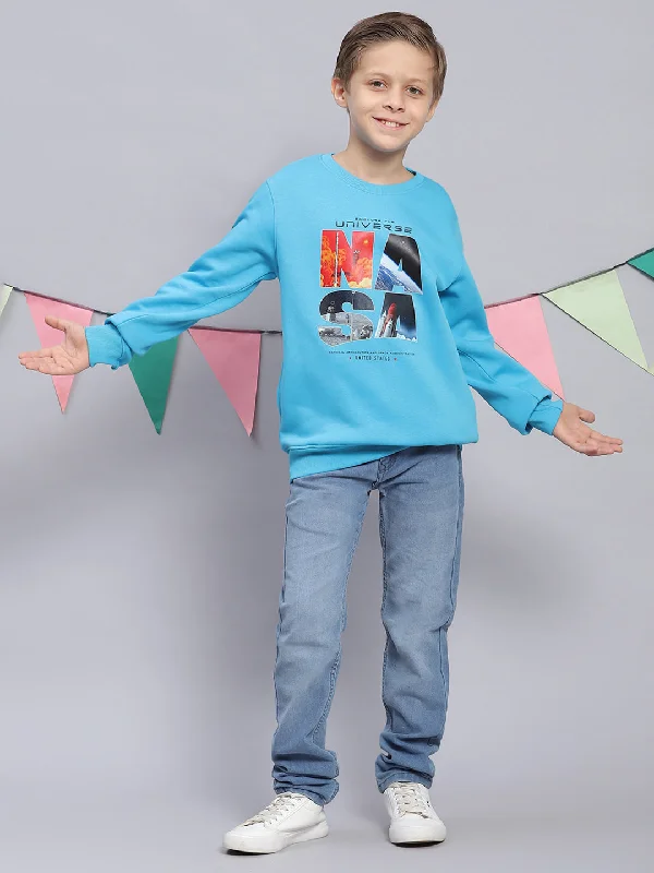 Boys Turquoise Blue Printed Round Neck Full Sleeve Sweatshirt Trendy Men's Oversized