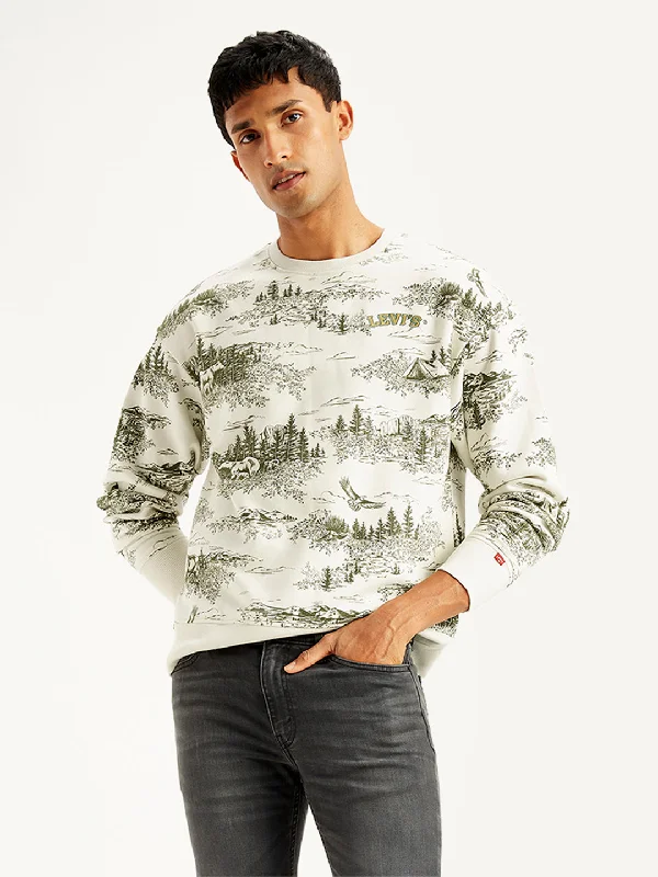 Men's Printed Off-White Crew Neck Sweatshirt Stylish Men's Neon