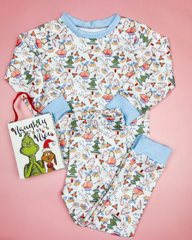 Preorder BLP0699 NO MOQ Christmas Tree crutch girl gift Blue and white long sleeve pants pajamas set Trendy Men's Oversized