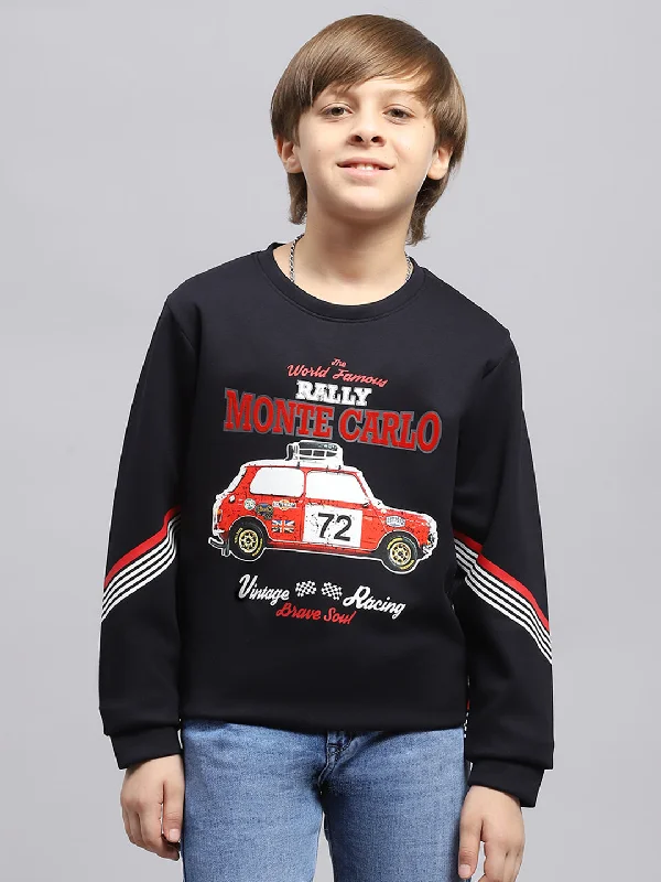 Boys Navy Blue Printed Round Neck Full Sleeve Sweatshirt Sophisticated Men's 