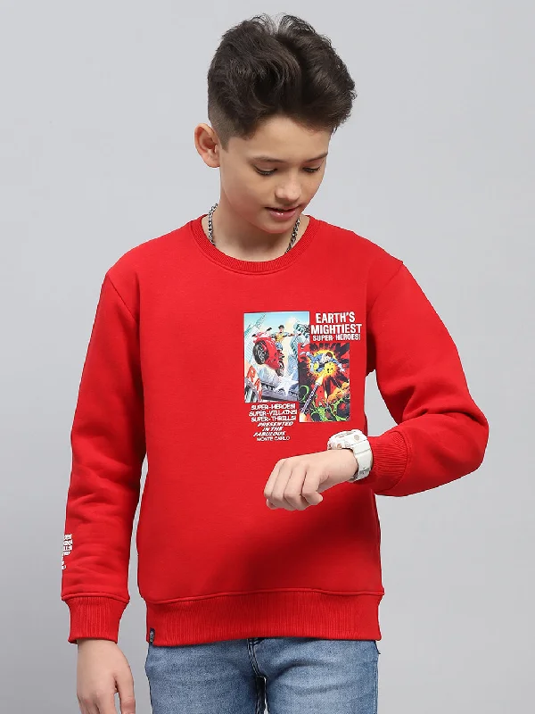 Boys Red Printed Round Neck Full Sleeve Sweatshirt Artistic Men's Hand