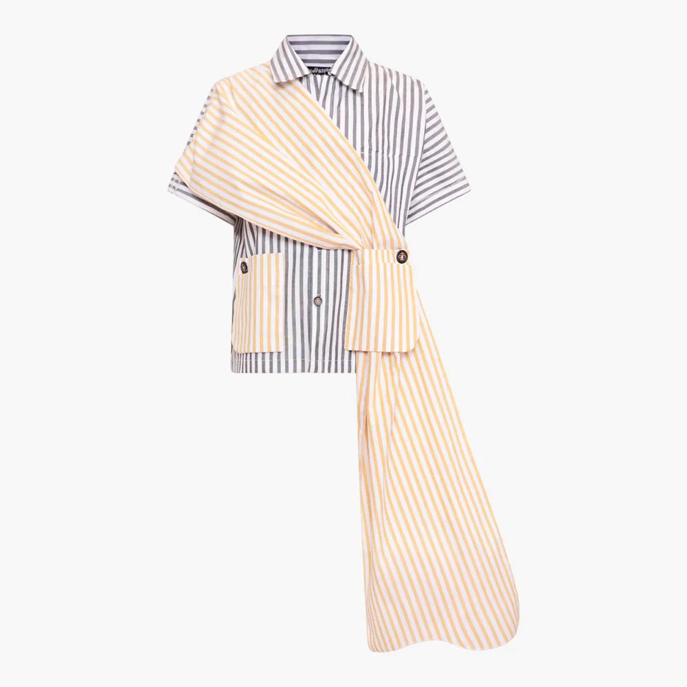 Cotton Shirt with Scarf and Stripes - Zero Waste / S19 1001B-Grey_Yellow_Stripes Gym