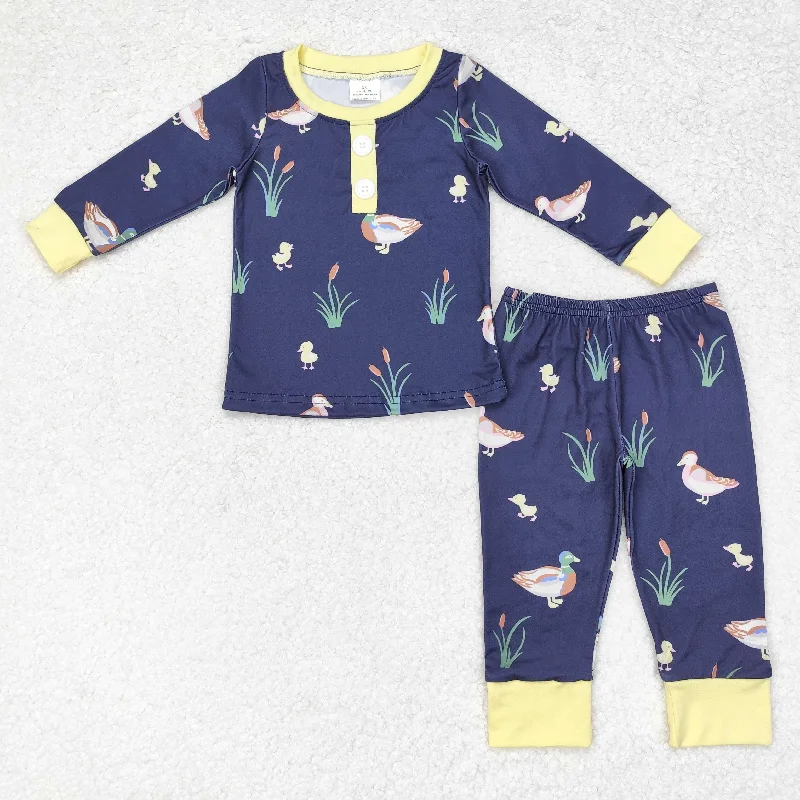 BLP0500 NO MOQ Duck yellow border navy blue long sleeve pants pajamas set western clothes Athletic Men's Compression
