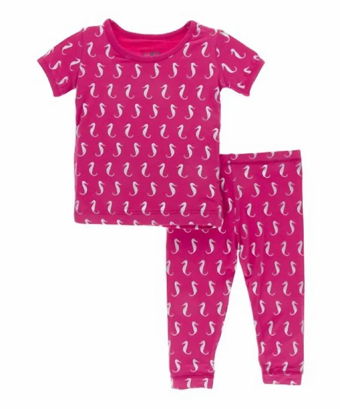 Girl's Short Sleeve 2Pc Set In Prickly Pear Mini Seahorses Hip Men's Retro