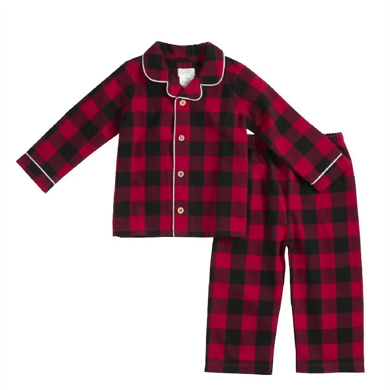 Boy's Buffalo Check Two Piece Pajama Set In Red Sporty Men's Athleisure 