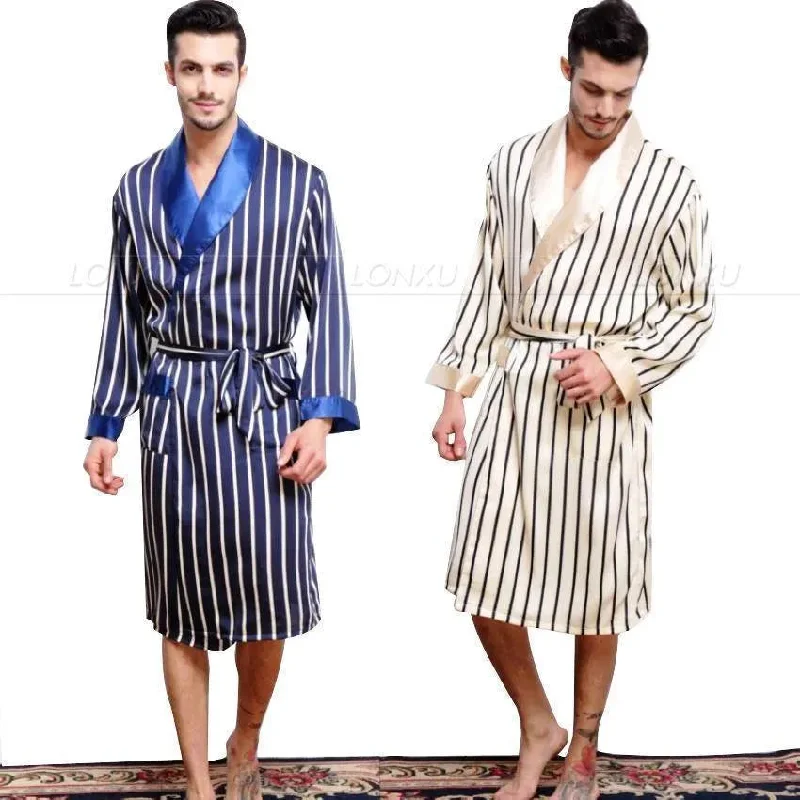 Feeling Soft Silk Satin Striped Nightgown Elegant Men's Formal 
