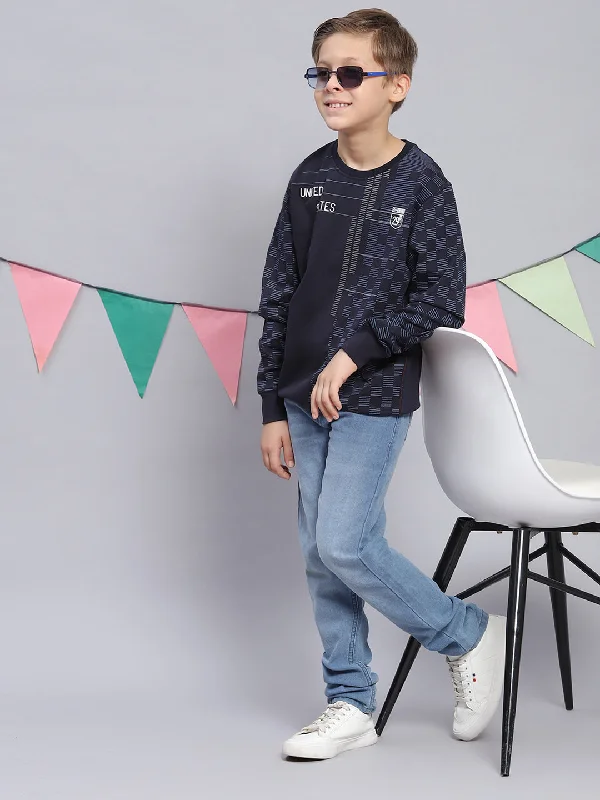 Boys Navy Blue Printed Round Neck Full Sleeve Sweatshirt Earthy Men's Hemp