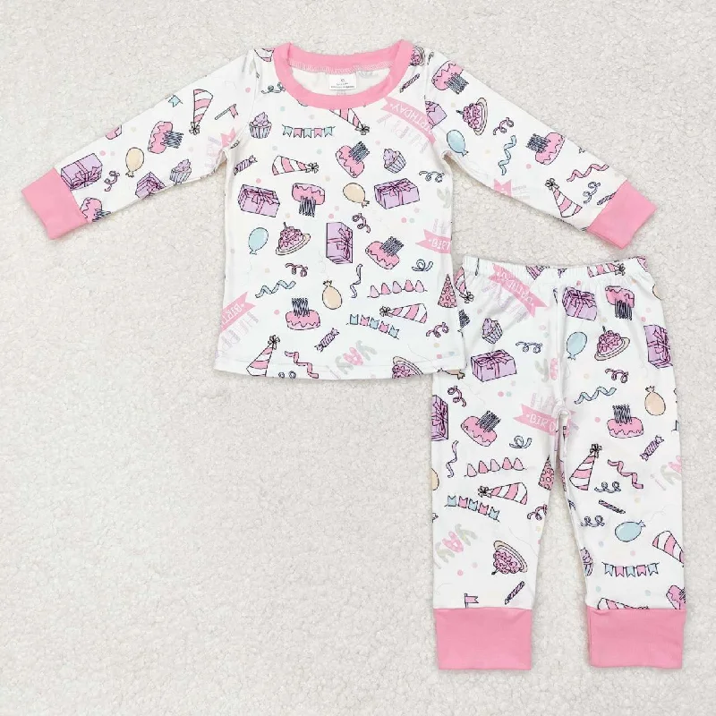 GLP1190 NO MOQ happy birthday cake Powder white long sleeve trousers pajamas set Streetwear Style