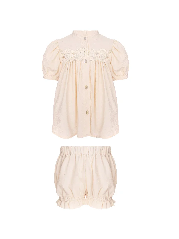 SERENITY BABY SET (BLOUSE AND BLOOMERS)-BEIGE WITH LACE INSERTION Sporty Men's Athleisure 