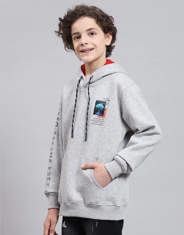 Boys Grey Melange Printed Round Neck Full Sleeve Sweatshirt Trendy Men's Scandinavian