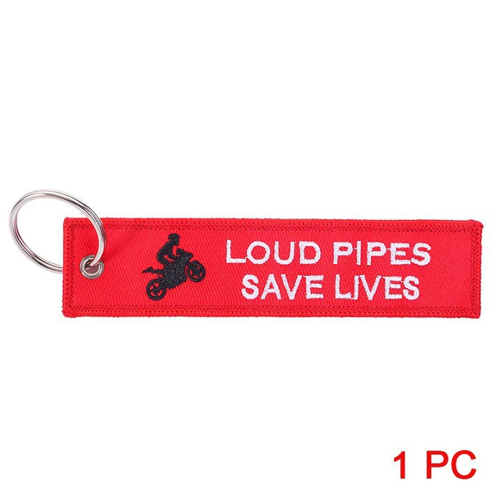 Motorcycle Key Chain - Loud Pipes Save Lives Red Wheelie Monochromatic Office Style