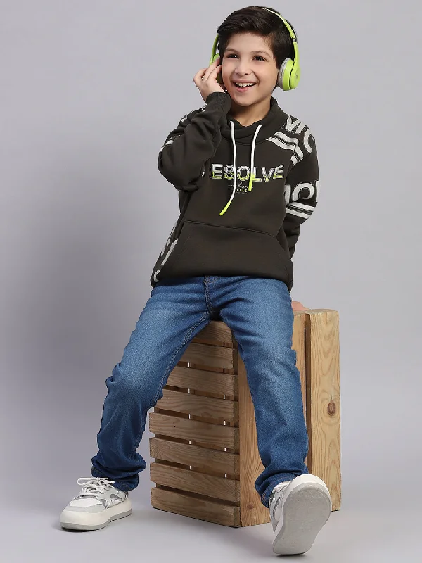 Boys Olive Printed F Neck Full Sleeve Sweatshirt Cozy Men's Sherpa