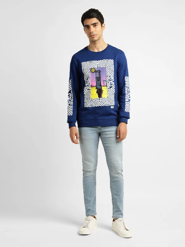 Men's Solid Blue Crew Neck Sweatshirt Modern Men's 