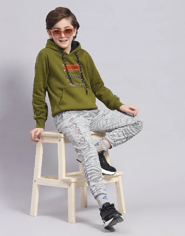 Boys Olive Printed Hooded Full Sleeve Sweatshirt Hip Men's Retro