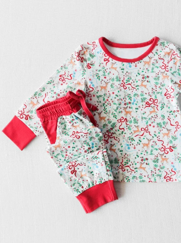 Preorder GLP1580 NO MOQ Christmas Reindeer leaf bow pattern red and white long sleeve trousers pajamas set Streetwear Style