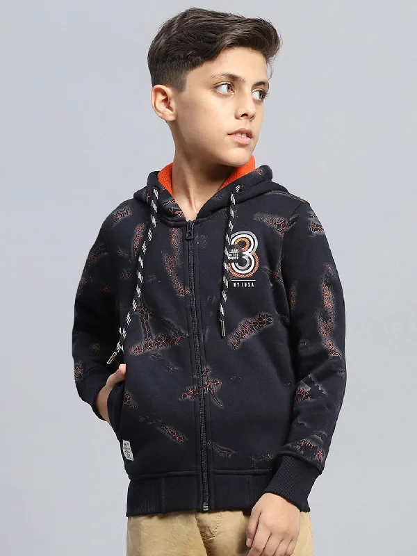 Boys Navy Blue Printed Hooded Full Sleeve Sweatshirt Masculine Men's 