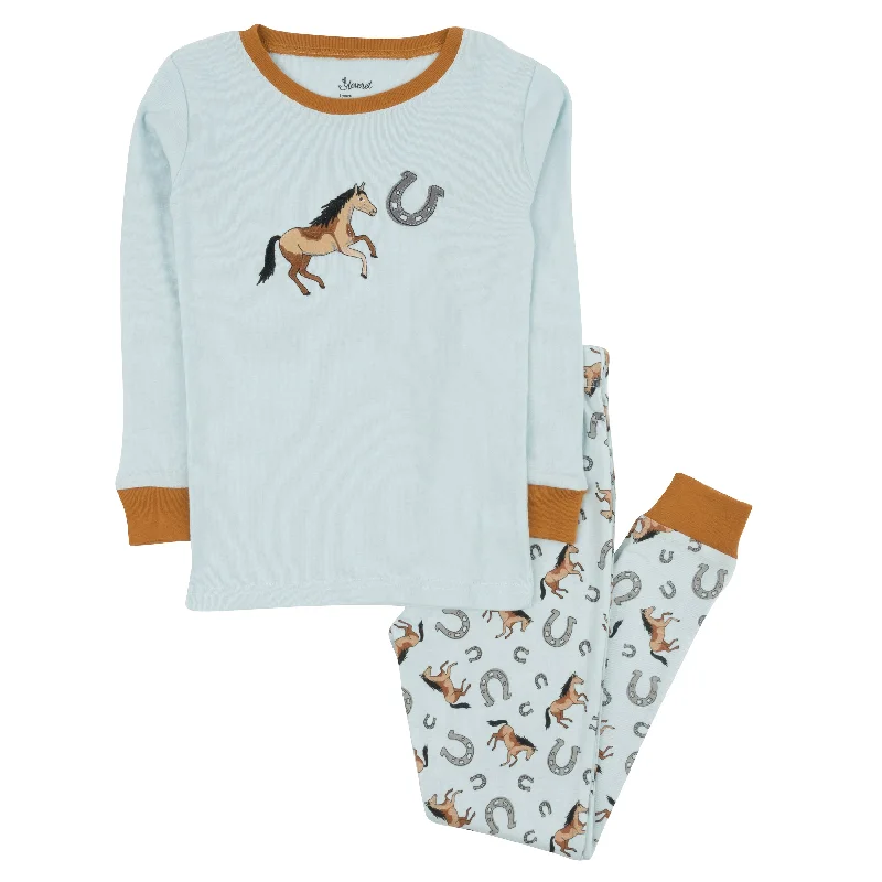 Kids Two Piece Cotton Pajamas Blue Horse Sleek Men's Contemporary 