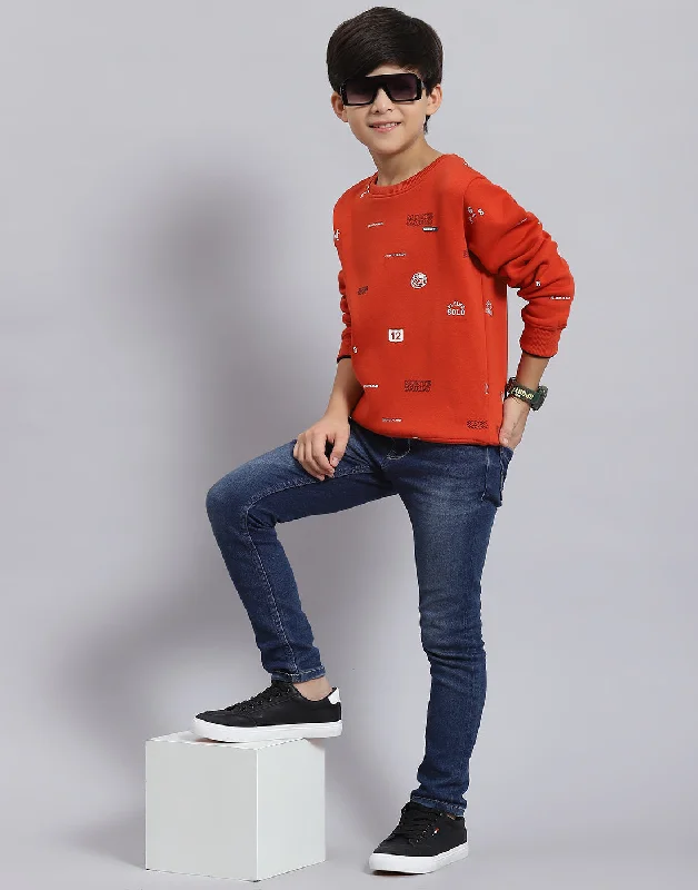 Boys Rust Printed Round Neck Full Sleeve Sweatshirt Monochromatic Office Style