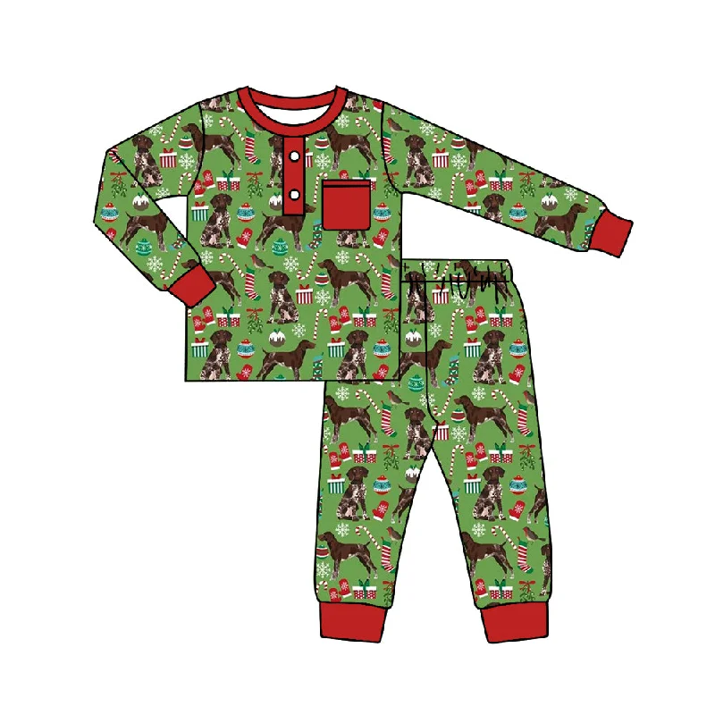 Preorder BLP0672 NO MOQ Christmas Tree Gift Puppy Red pocket Green Long sleeve pants pajamas set Cozy Men's Sherpa