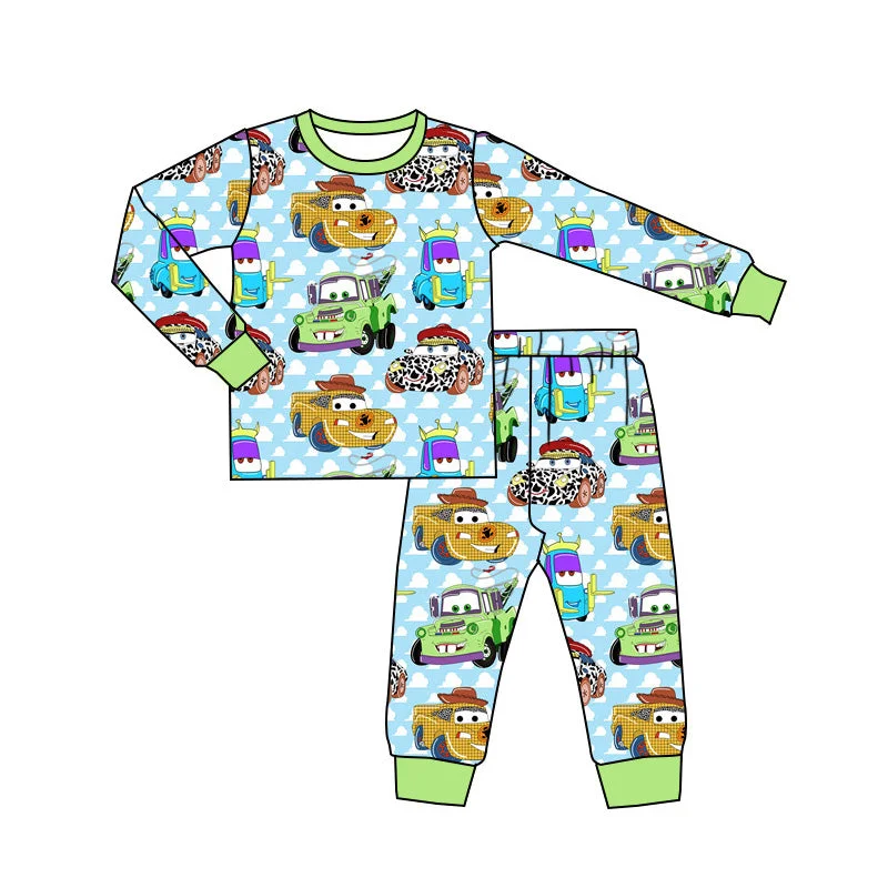 Preorder BLP0800 cars cartoon car white cloud blue-green long sleeve pants pajamas set Laid Preorder BLP0800 cars cartoon car white cloud blue-green long sleeve pants pajamas set Laid