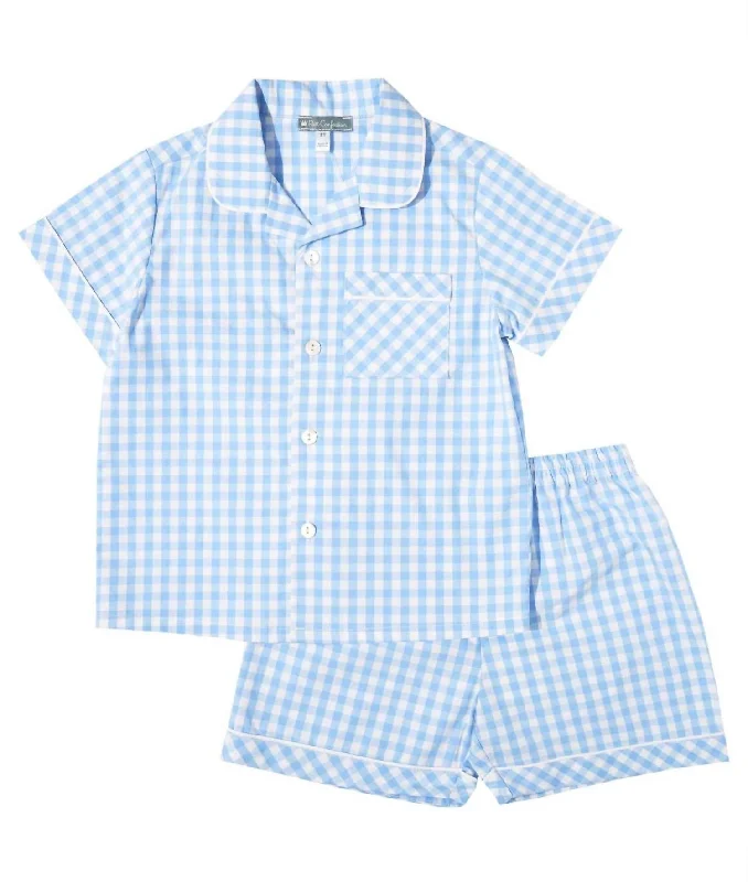 Boys' Gingham Pajamas Set In Sky Blue Traditional Men's Country