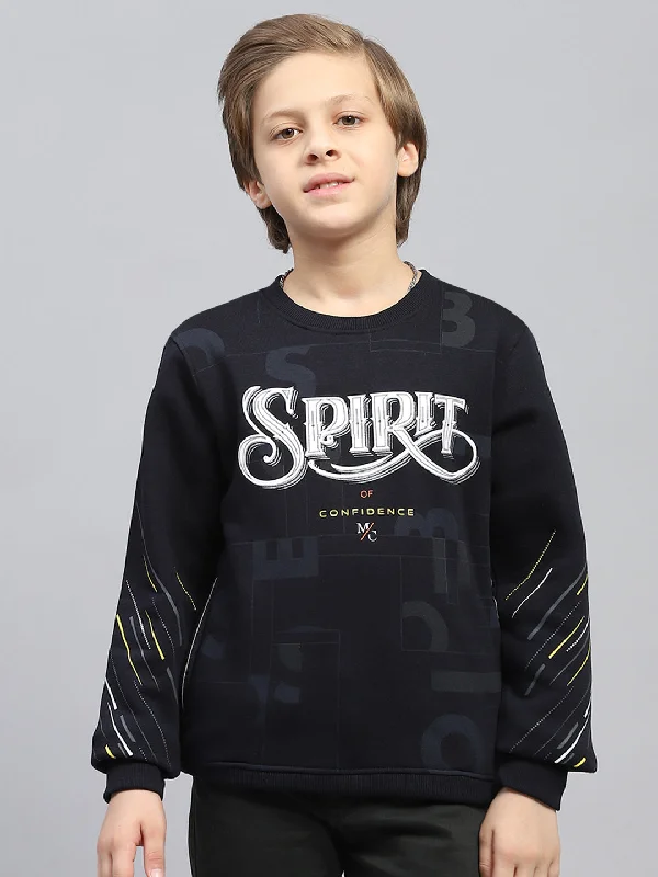 Boys Navy Blue Printed Round Neck Full Sleeve Sweatshirt Vacation