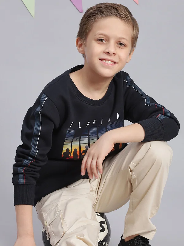 Boys Navy Blue Printed Round Neck Full Sleeve Sweatshirt Trendy Men's Scandinavian