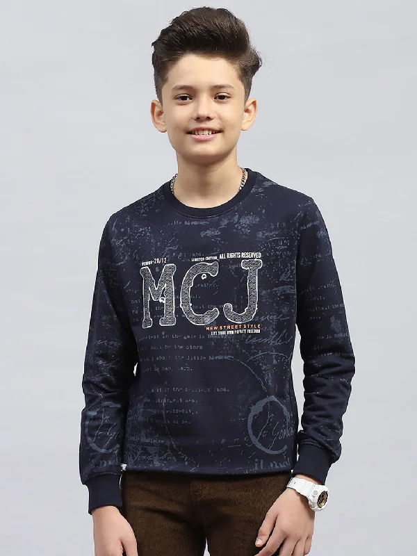 Boys Navy Blue Printed Round Neck Full Sleeve Sweatshirt Gym