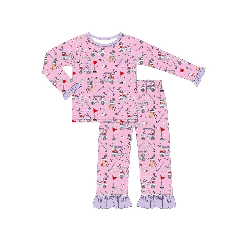 Preorder GLP1798 Golf tour car lace pink purple long sleeve pants pajamas set Polished Men's Silk