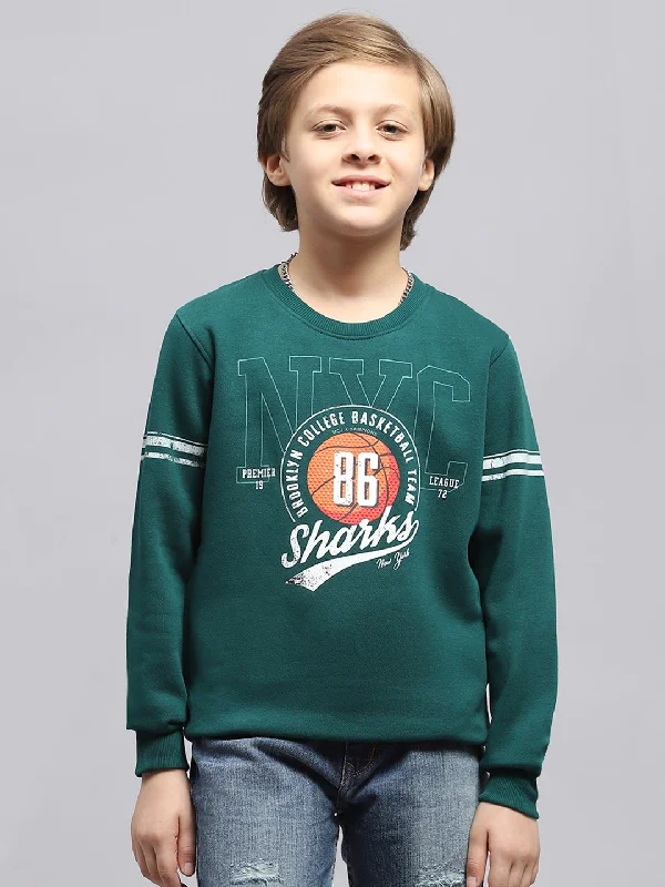 Boys Green Printed Round Neck Full Sleeve Sweatshirt Sleek Men's Metallic
