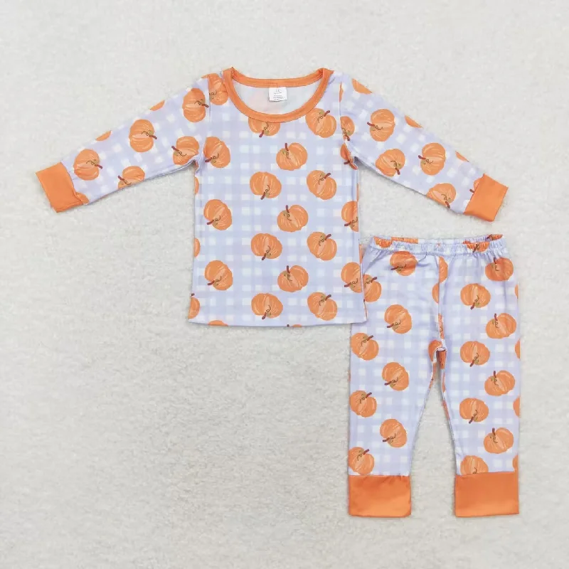 BLP0584 Modal pumpkin blue plaid long sleeve pants pajamas set Cozy Men's Sherpa