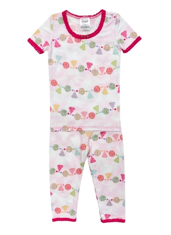 Girl's Pom Pom Short Sleeve Pajama Set In Pink Unique Men's Patch