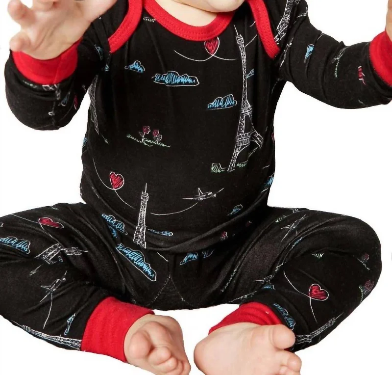 Kid's Sketched Eiffel Stretch "boo Boo" Pj Set In Black Classic Men's Pin