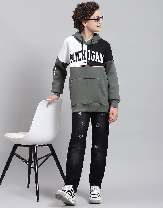Boys Olive Printed Round Neck Full Sleeve Sweatshirt Sleek Men's Metallic